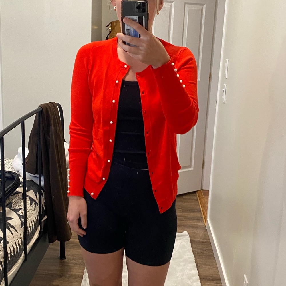 Zara Bright Red Cardigan with Pearl Buttons Medium Knit